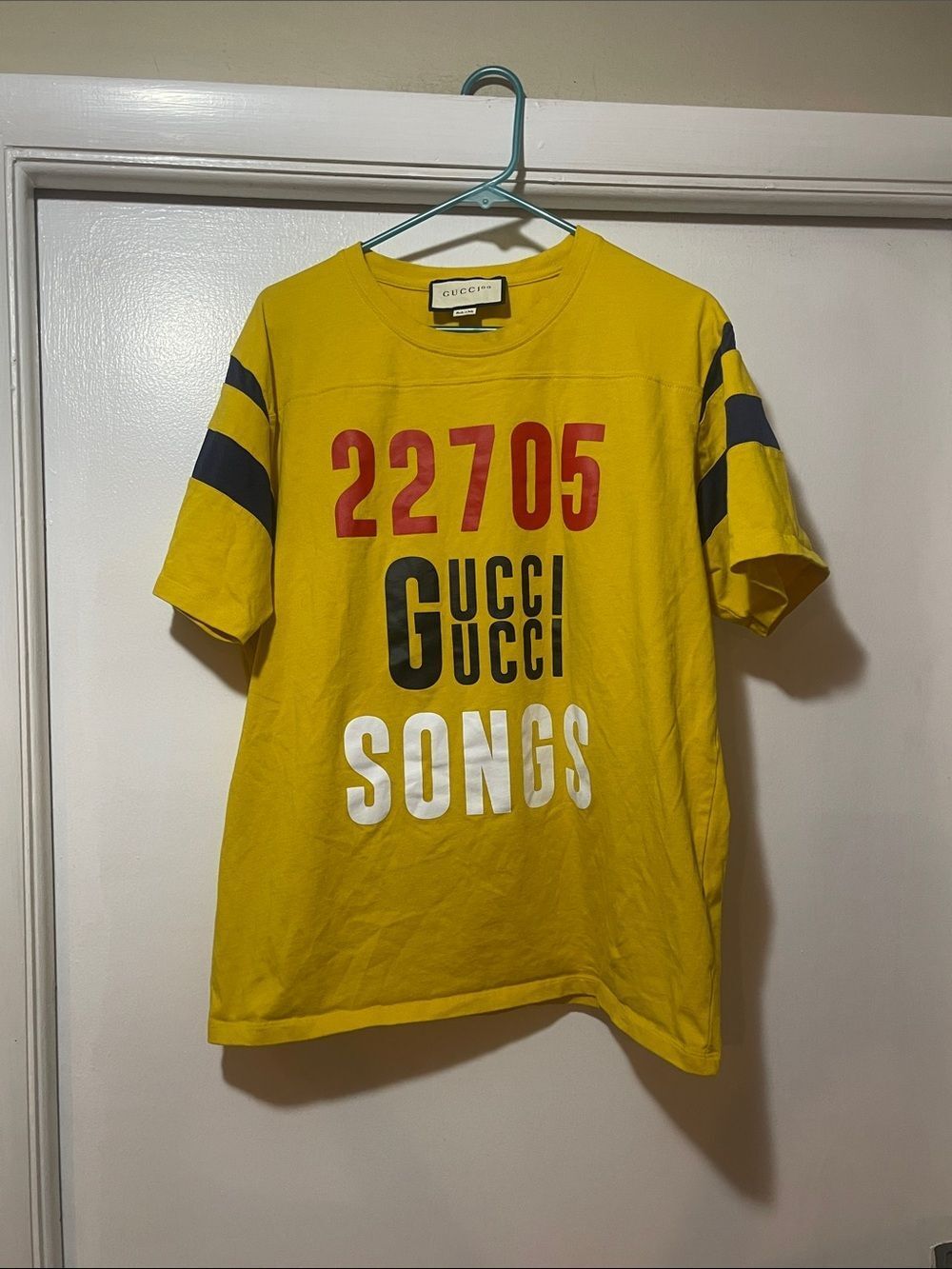 Gucci Yellow Graphic '22705 Songs' Tee with Blue Stripes large